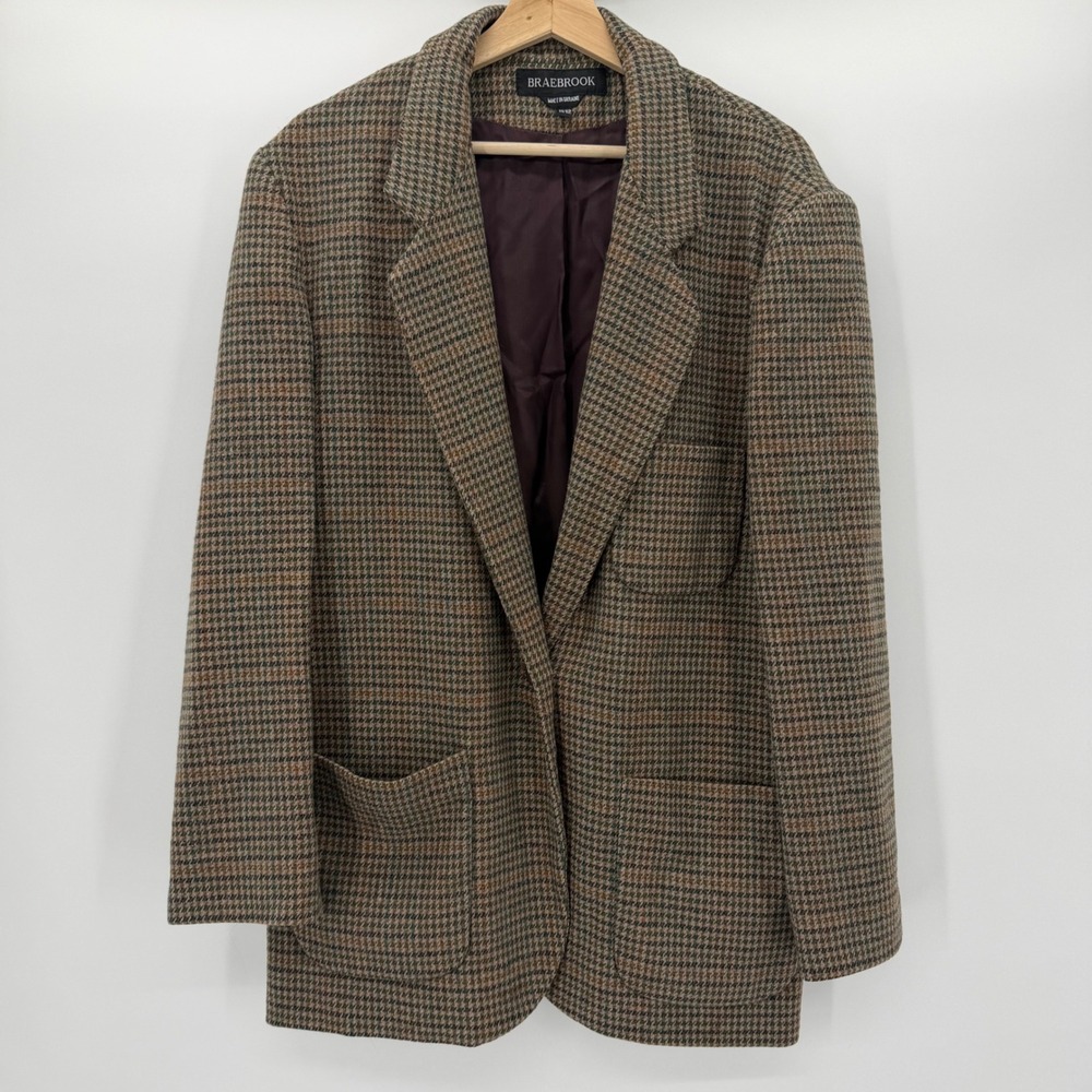 Braebrook Vintage 100% Wool Houndstooth Blazer Brown Green Size 11/12